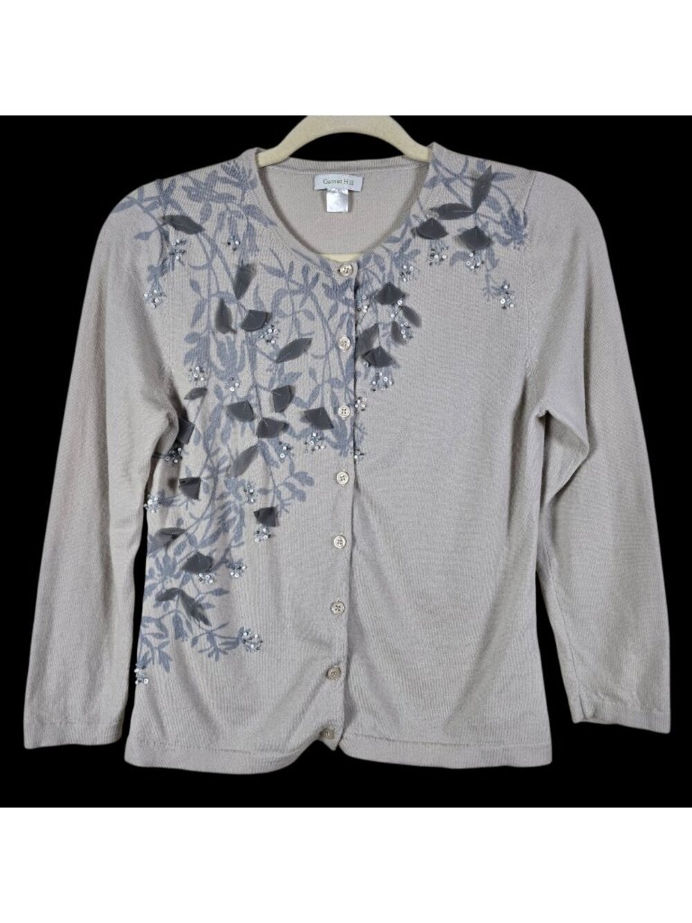 Garnet Hill Womens Taupe Merino Wool Embellished Beaded 3D Leaf Cardigan Small